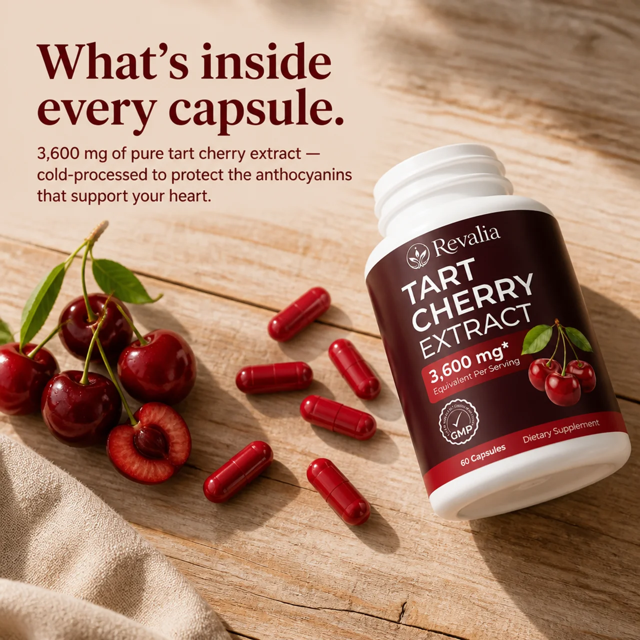 What's inside every capsule — 3,600 mg pure tart cherry extract