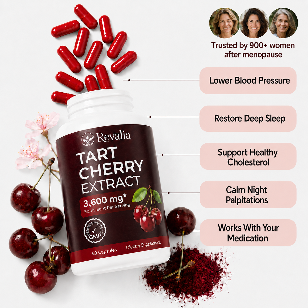 Revalia Tart Cherry Extract — lower blood pressure, restore deep sleep, support healthy cholesterol, calm night palpitations, works with your medication