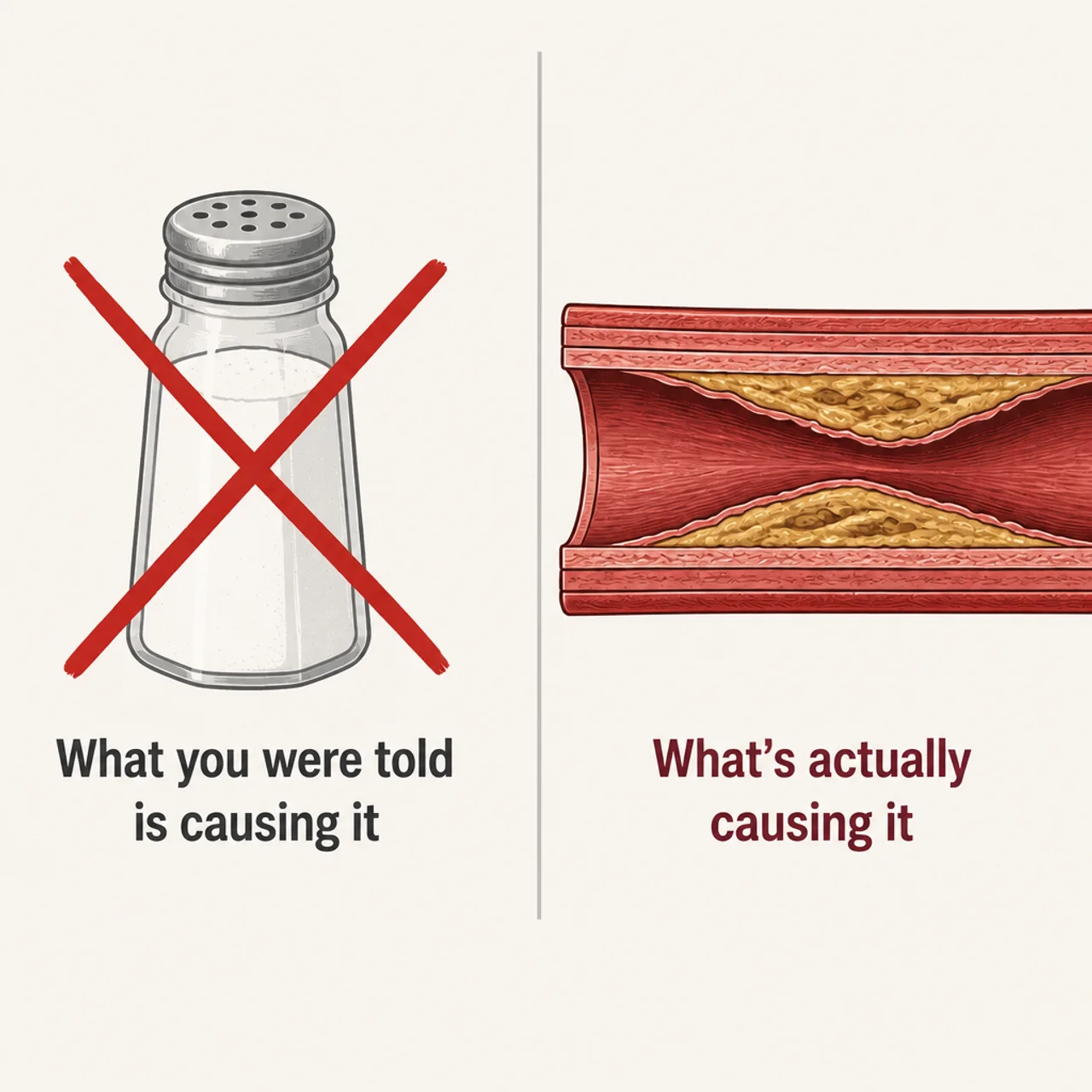 What you were told is causing it (salt) vs. what's actually causing it (plaque narrowing the artery)