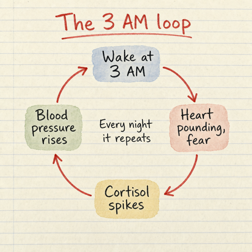 The 3 AM loop: wake at 3 AM, heart pounding, cortisol spikes, blood pressure rises