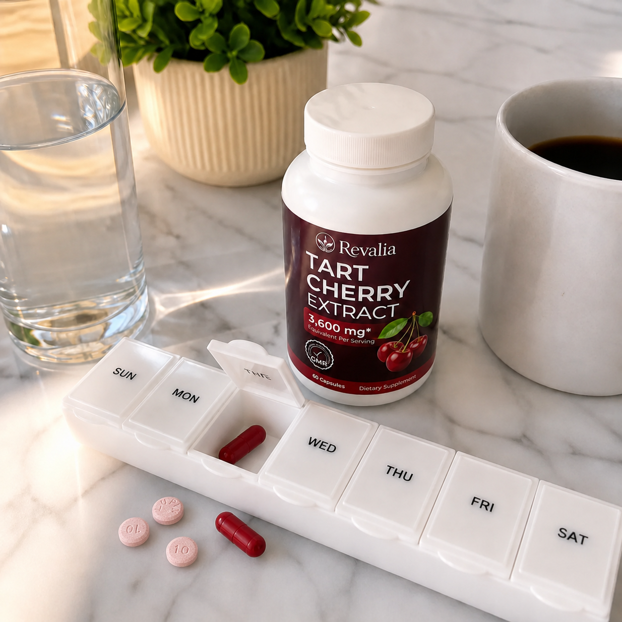 Revalia Tart Cherry Extract beside a weekly pill organizer with red capsules