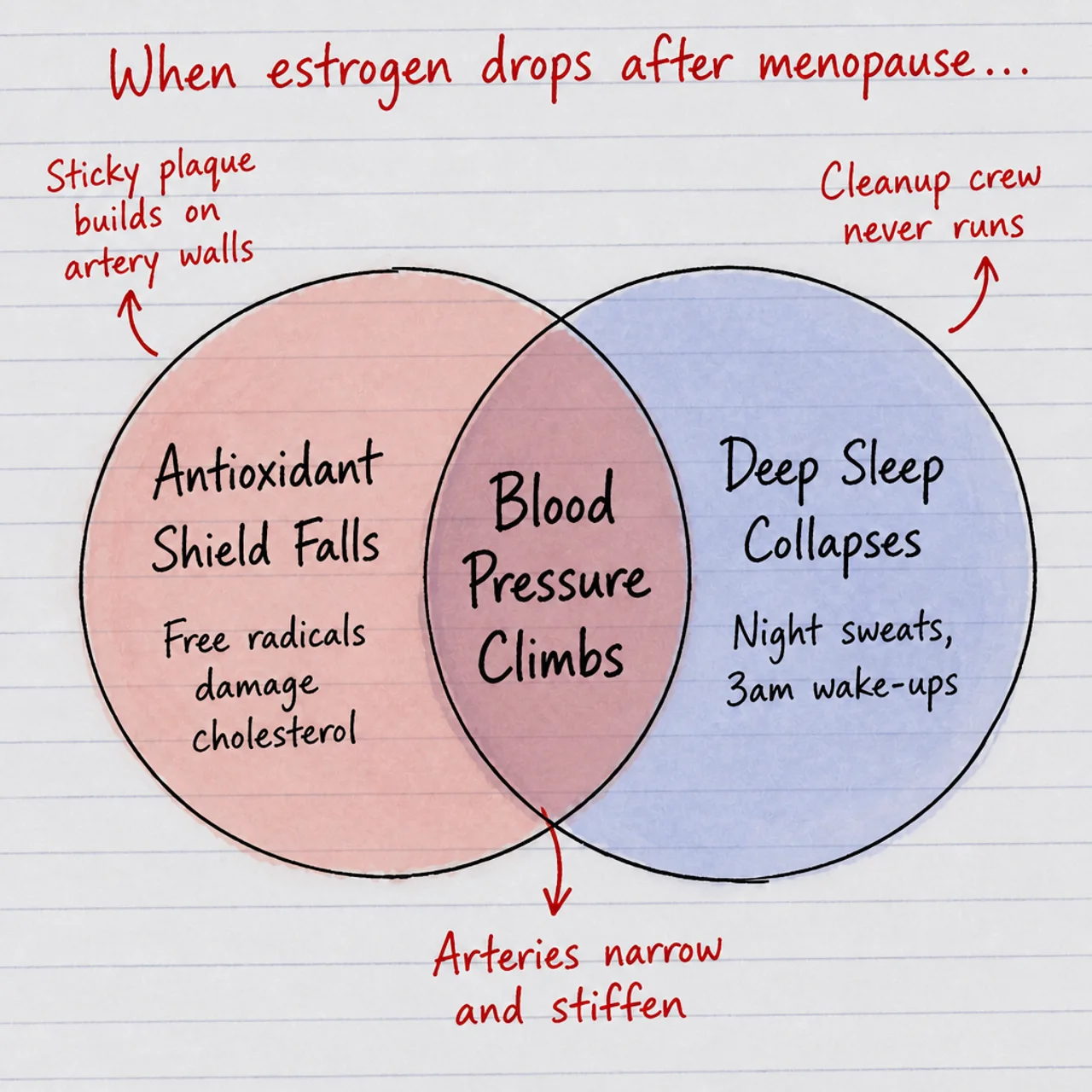 When estrogen drops after menopause: the antioxidant shield falls and deep sleep collapses — blood pressure climbs