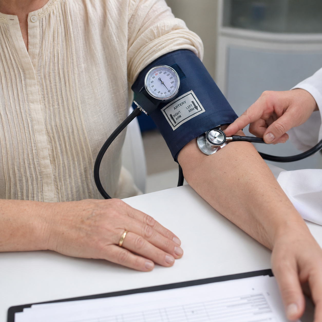Doctor taking a woman's blood pressure with a cuff and stethoscope